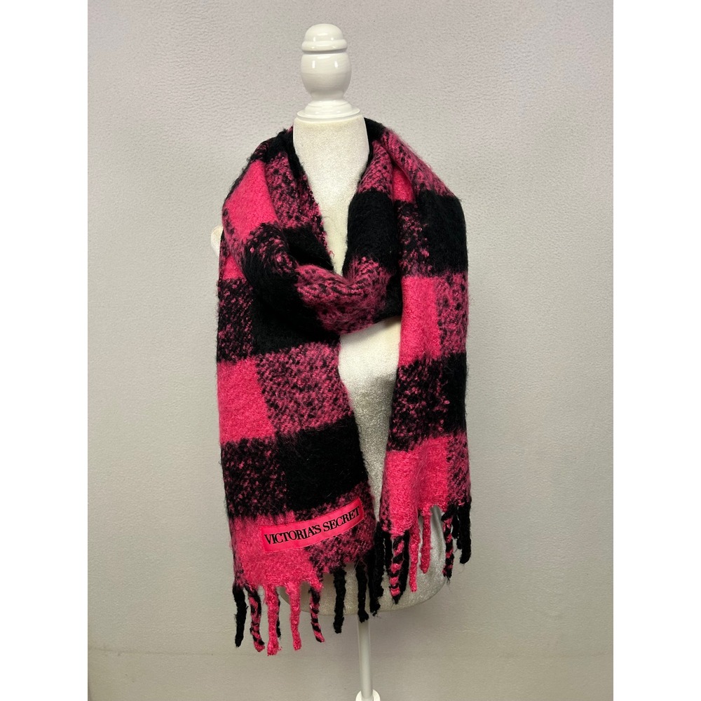 Y2K Barbiecore Victoria's Secret Women OS Pink Black Plaid Oversized Scarf
